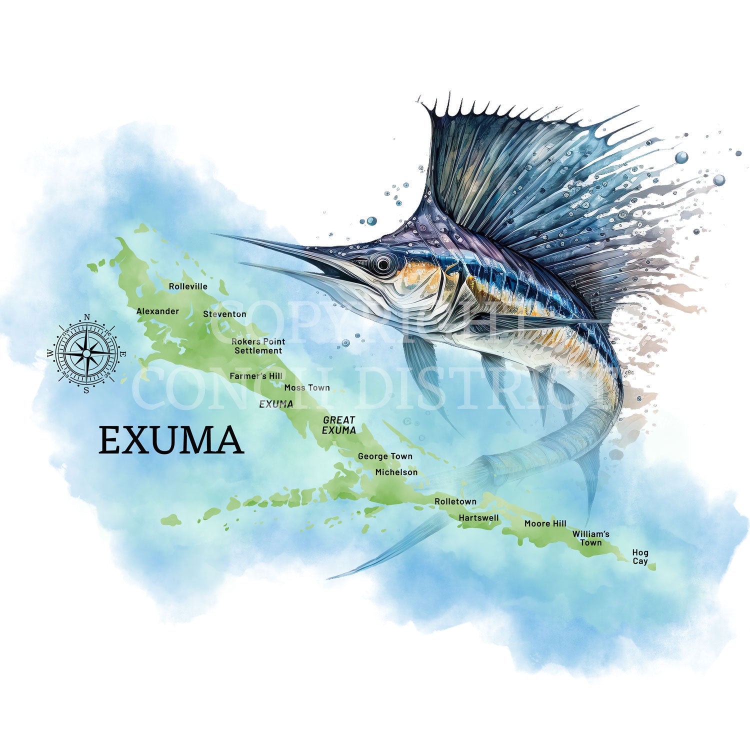 Exuma Sailfish Watercolor Map | Digital Download