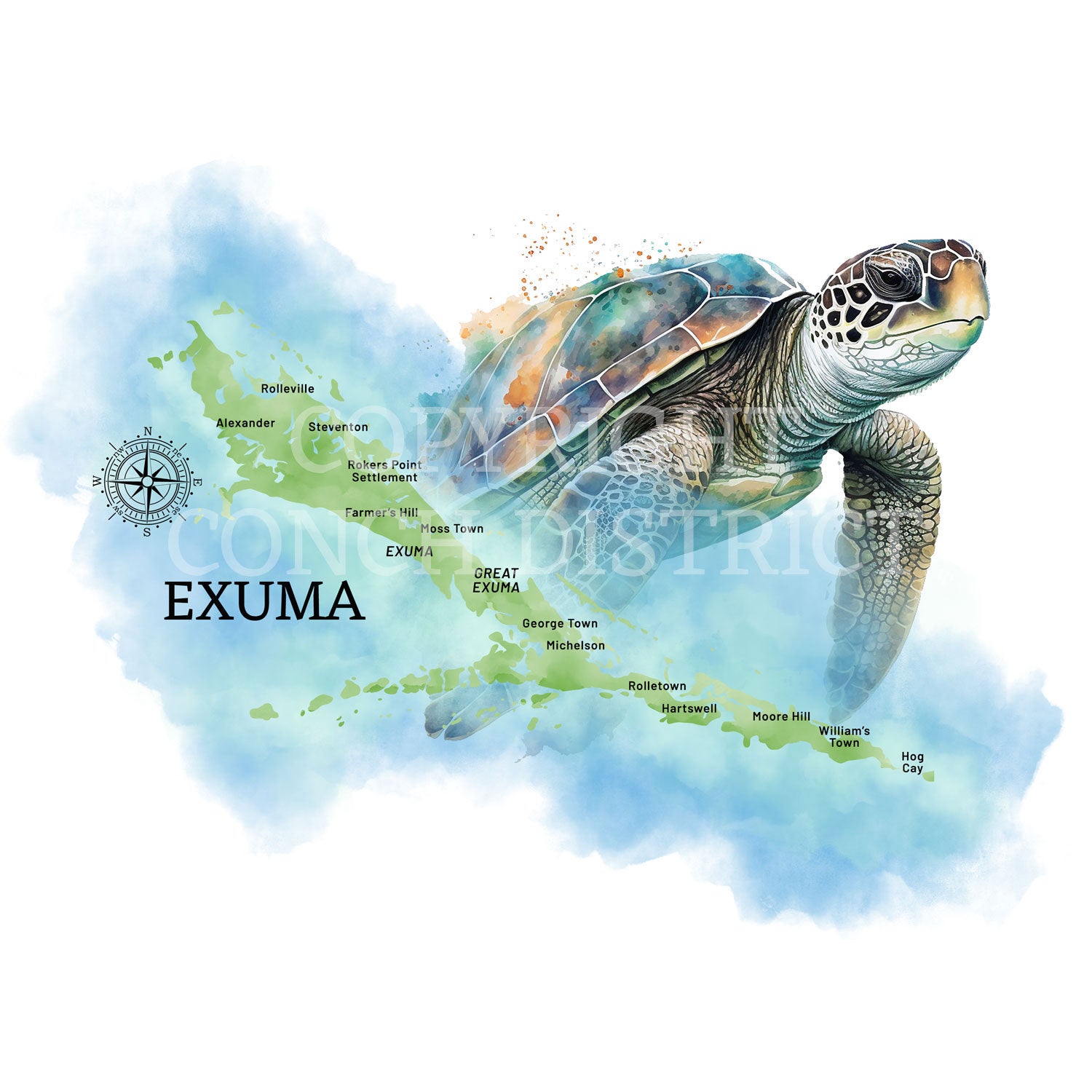 Exuma Sea Turtle Watercolor Map | Digital Download