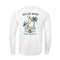 Men’s UPF 50+ shirt with “Isle Be Back!” Isle of Palms pelican design, recycled sun protection apparel