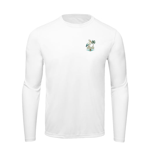 Men’s UPF 50+ shirt with “Isle Be Back!” Isle of Palms pelican design, recycled sun protection apparel