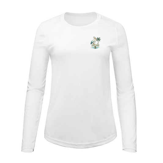 Women's UPF 50+ shirt with “Isle Be Back!” Isle of Palms pelican design, recycled sun protection apparel