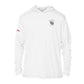 Turtles and Tacos custom UPF50+ white sun shirt featuring sea turtle artwork and an outline of St. Thomas with a dive flag on the sleeve. Made from recycled polyester with moisture-wicking performance. Customizable text on front and back. Available in toddler through adult sizes, crewneck or hooded style.