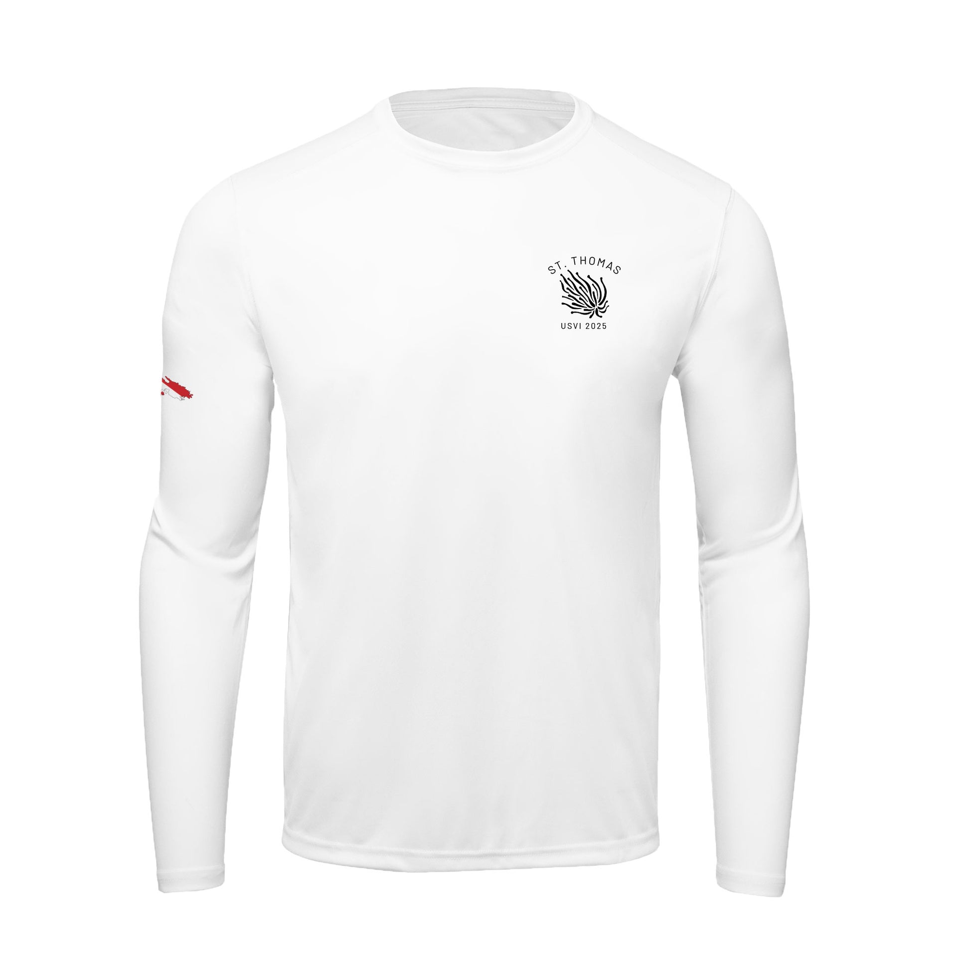 White long sleeve UPF50+ recycled polyester sun shirt featuring the “Turtles and Tacos” design with tropical turtles and an outline of St. Thomas filled with a dive flag on the sleeve. Customizable front and back text. Available in sizes 2T to adult, hooded or crewneck style.