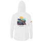 Turtles and Tacos custom UPF50+ white sun shirt featuring sea turtle artwork and an outline of St. Thomas with a dive flag on the sleeve. Made from recycled polyester with moisture-wicking performance. Customizable text on front and back. Available in toddler through adult sizes, crewneck or hooded style.