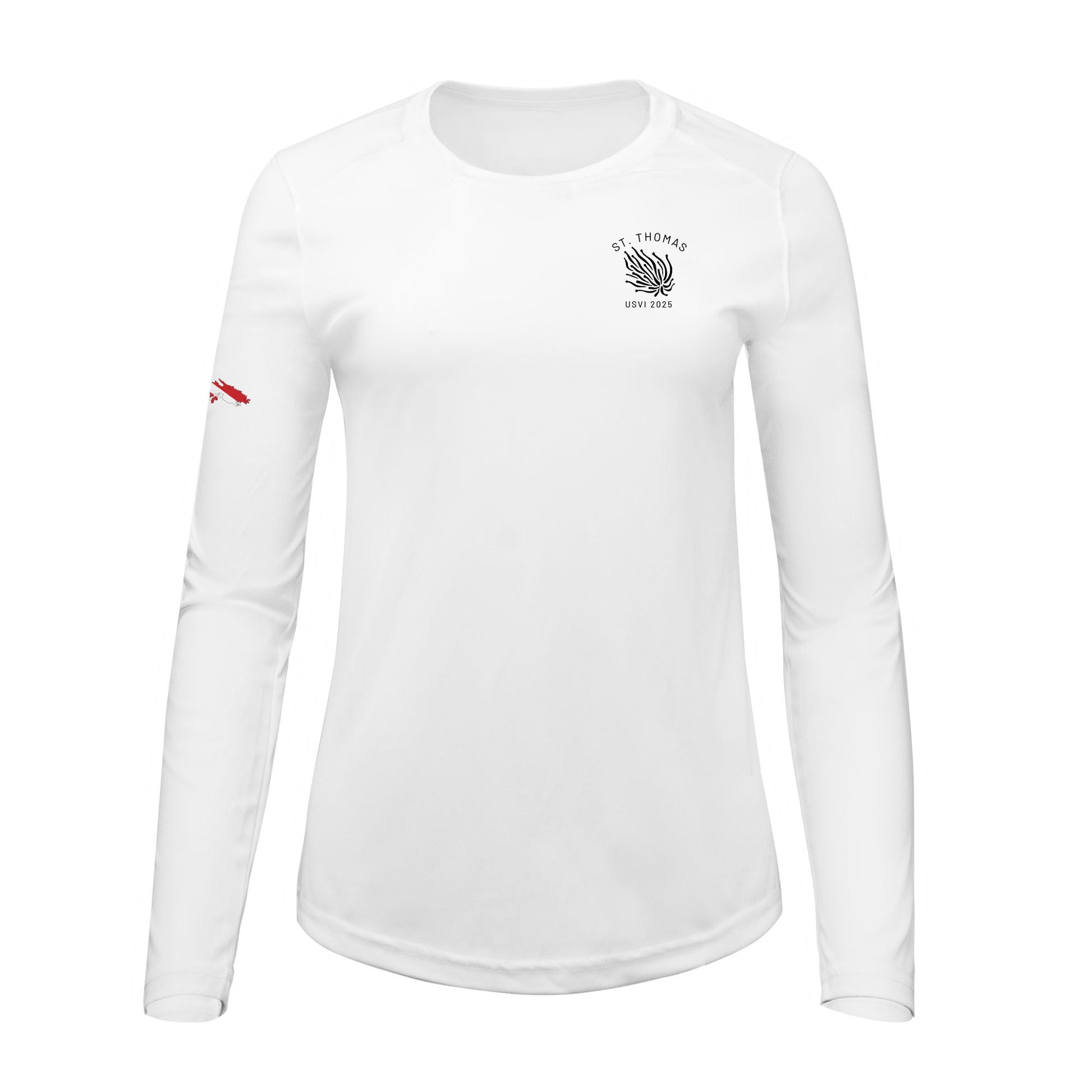 Turtles and Tacos custom UPF50+ white sun shirt featuring sea turtle artwork and an outline of St. Thomas with a dive flag on the sleeve. Made from recycled polyester with moisture-wicking performance. Customizable text on front and back. Available in toddler through adult sizes, crewneck or hooded style.