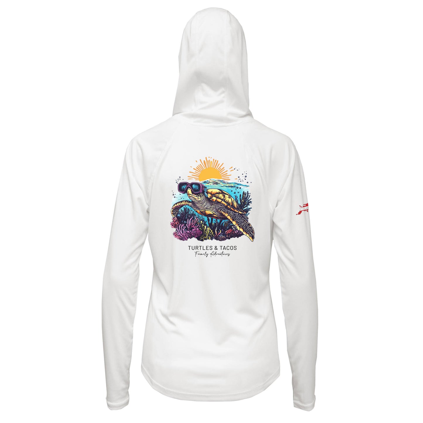 Turtles and Tacos custom UPF50+ white sun shirt featuring sea turtle artwork and an outline of St. Thomas with a dive flag on the sleeve. Made from recycled polyester with moisture-wicking performance. Customizable text on front and back. Available in toddler through adult sizes, crewneck or hooded style.