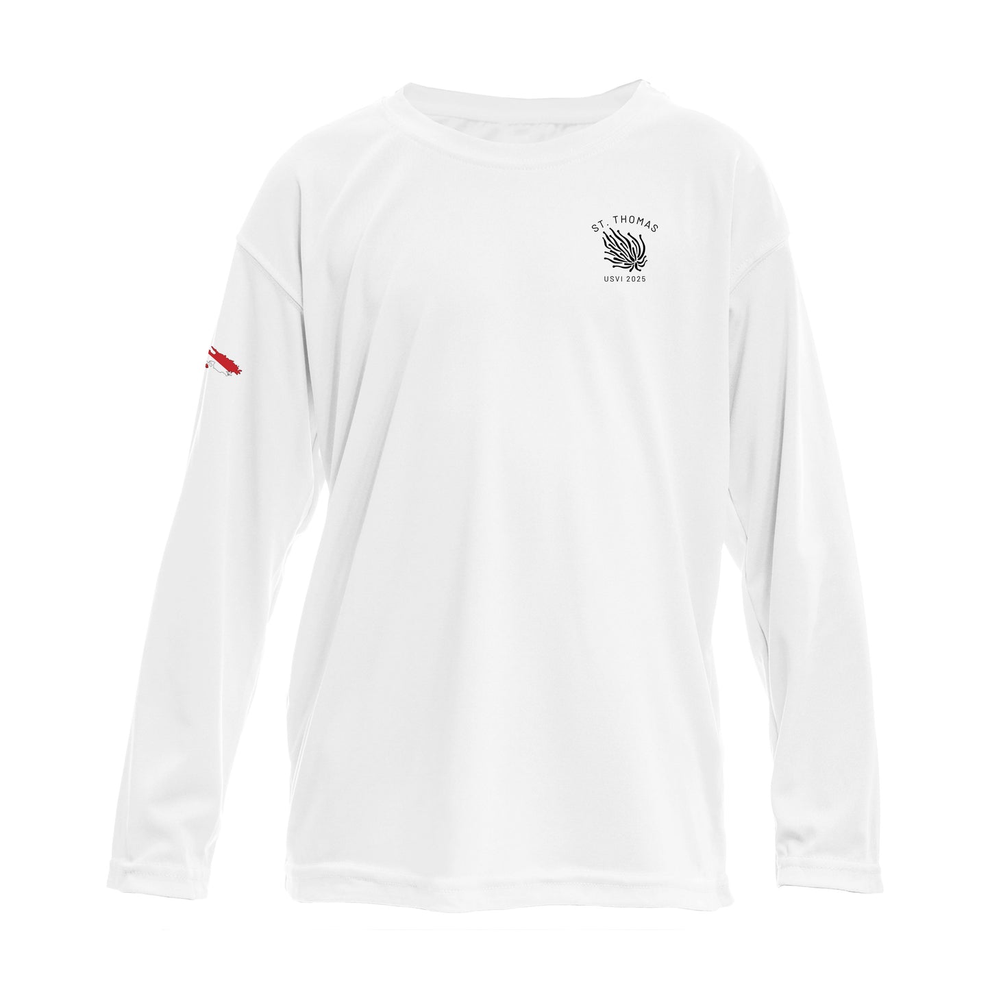 Turtles and Tacos custom UPF50+ white sun shirt featuring sea turtle artwork and an outline of St. Thomas with a dive flag on the sleeve. Made from recycled polyester with moisture-wicking performance. Customizable text on front and back. Available in toddler through adult sizes, crewneck or hooded style.