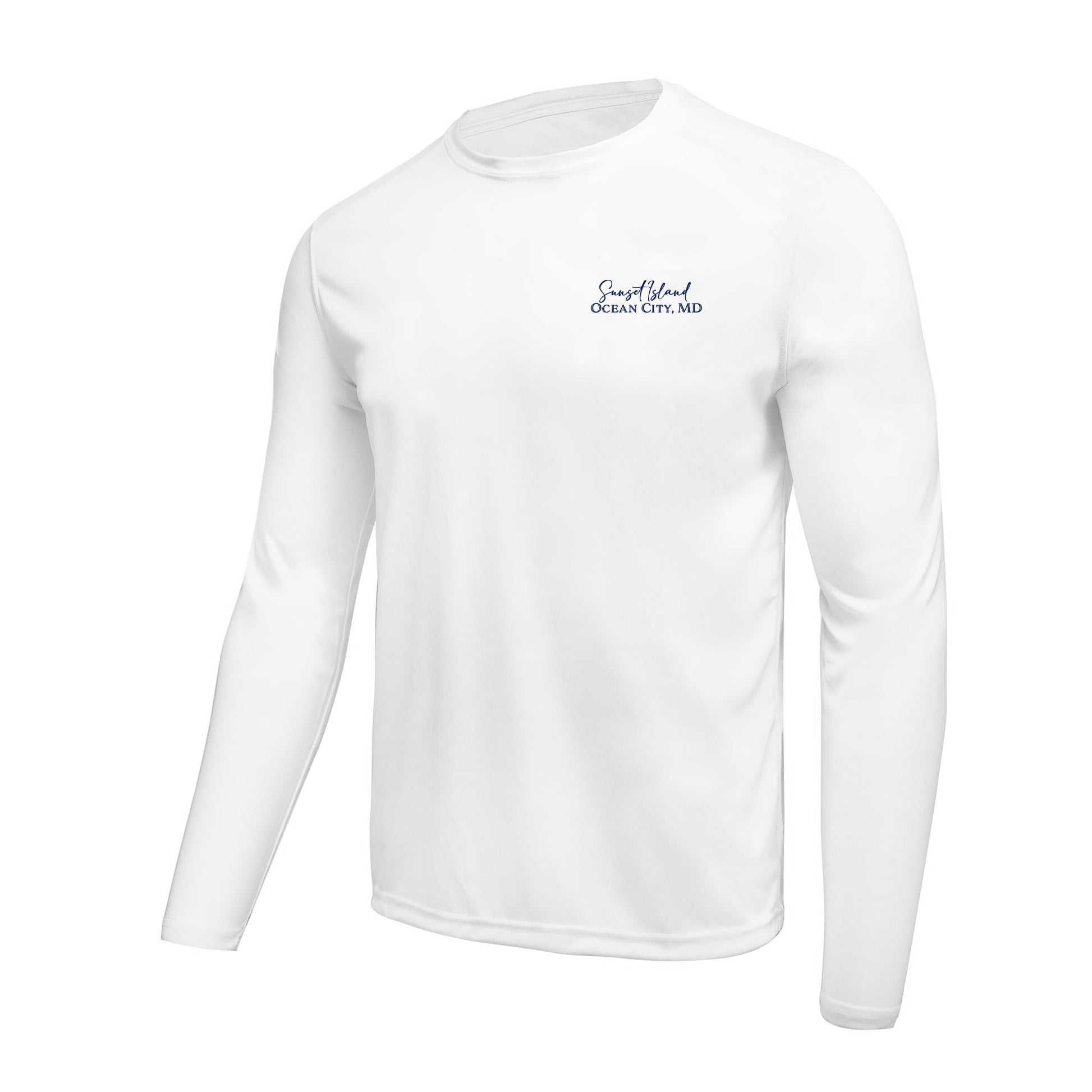 Custom long sleeve UPF50+ sun protection shirt made from recycled polyester featuring a flounder design titled "The Flounder of Sunset Island – Ocean City, MD." All text is customizable to include your family name, location, or favorite destination. Available in adult, youth, and toddler sizes in crewneck or hooded styles and multiple colors.