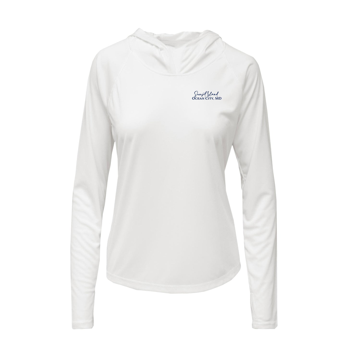 Custom long sleeve UPF50+ sun protection shirt made from recycled polyester featuring a flounder design titled "The Flounder of Sunset Island – Ocean City, MD." All text is customizable to include your family name, location, or favorite destination. Available in adult, youth, and toddler sizes in crewneck or hooded styles and multiple colors.