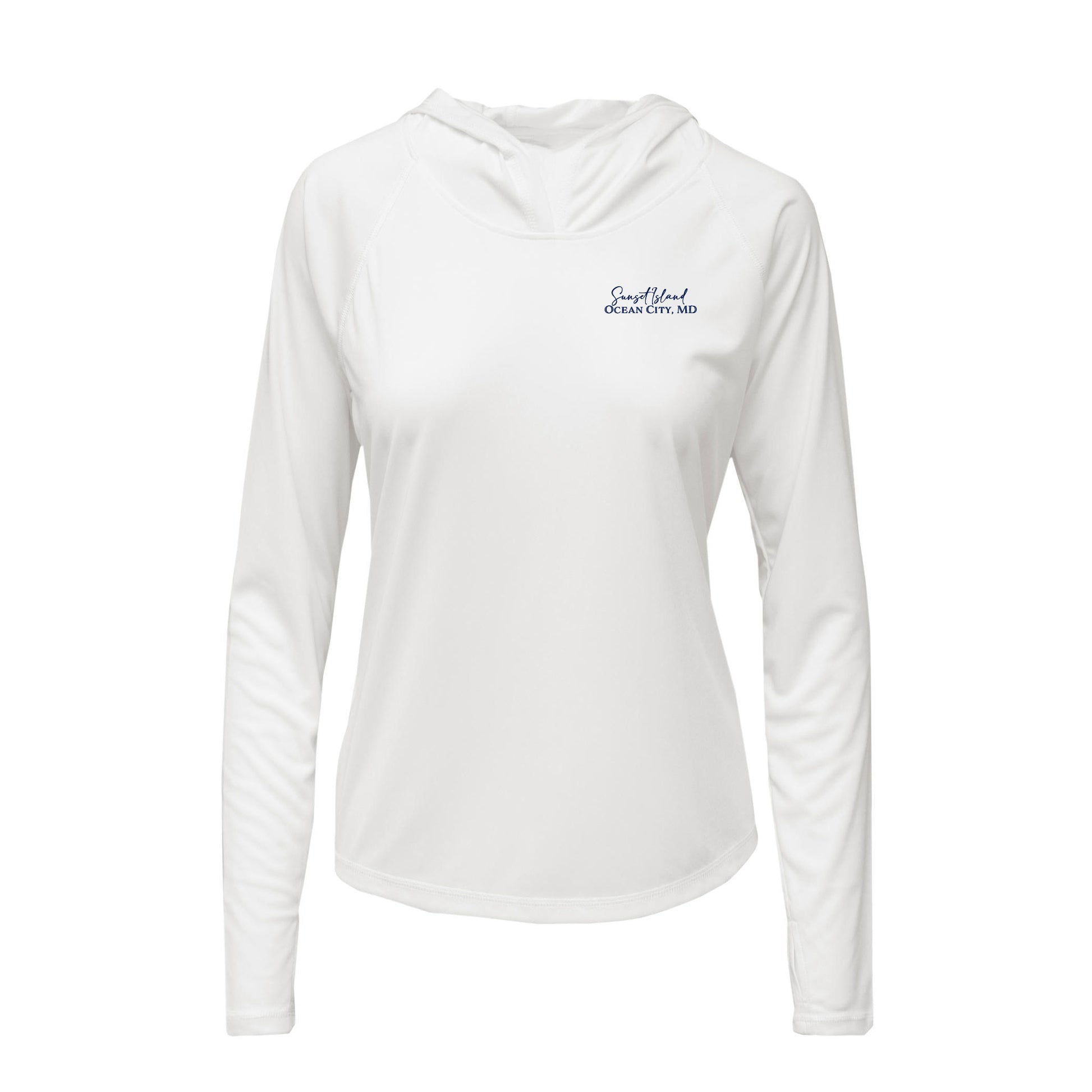 Custom long sleeve UPF50+ sun protection shirt made from recycled polyester featuring a flounder design titled "The Flounder of Sunset Island – Ocean City, MD." All text is customizable to include your family name, location, or favorite destination. Available in adult, youth, and toddler sizes in crewneck or hooded styles and multiple colors.