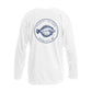 Custom long sleeve UPF50+ sun protection shirt made from recycled polyester featuring a flounder design titled "The Flounder of Sunset Island – Ocean City, MD." All text is customizable to include your family name, location, or favorite destination. Available in adult, youth, and toddler sizes in crewneck or hooded styles and multiple colors.