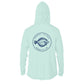 Custom long sleeve UPF50+ sun protection shirt made from recycled polyester featuring a flounder design titled "The Flounder of Sunset Island – Ocean City, MD." All text is customizable to include your family name, location, or favorite destination. Available in adult, youth, and toddler sizes in crewneck or hooded styles and multiple colors.