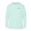 Custom long sleeve UPF50+ sun protection shirt made from recycled polyester featuring a flounder design titled "The Flounder of Sunset Island – Ocean City, MD." All text is customizable to include your family name, location, or favorite destination. Available in adult, youth, and toddler sizes in crewneck or hooded styles and multiple colors.