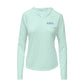Custom long sleeve UPF50+ sun protection shirt made from recycled polyester featuring a flounder design titled "The Flounder of Sunset Island – Ocean City, MD." All text is customizable to include your family name, location, or favorite destination. Available in adult, youth, and toddler sizes in crewneck or hooded styles and multiple colors.