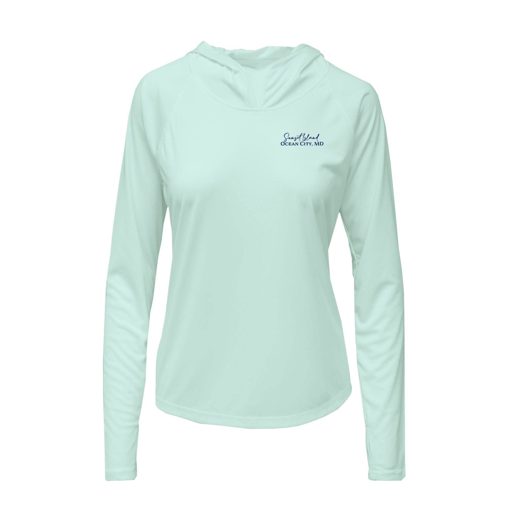 Custom long sleeve UPF50+ sun protection shirt made from recycled polyester featuring a flounder design titled "The Flounder of Sunset Island – Ocean City, MD." All text is customizable to include your family name, location, or favorite destination. Available in adult, youth, and toddler sizes in crewneck or hooded styles and multiple colors.