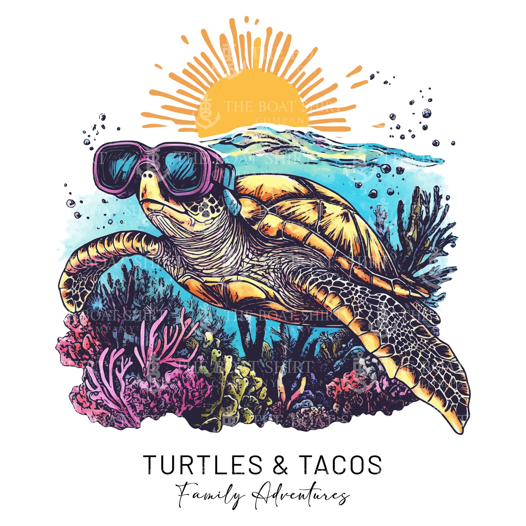 Turtles and Tacos custom UPF50+ white sun shirt featuring sea turtle artwork and an outline of St. Thomas with a dive flag on the sleeve. Made from recycled polyester with moisture-wicking performance. Customizable text on front and back. Available in toddler through adult sizes, crewneck or hooded style.